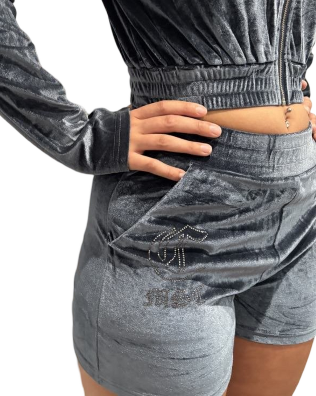 MSC EVE cropped velour zip up track jacket (BEBA DIAMONTE COLLECTION) Gunmetal grey.