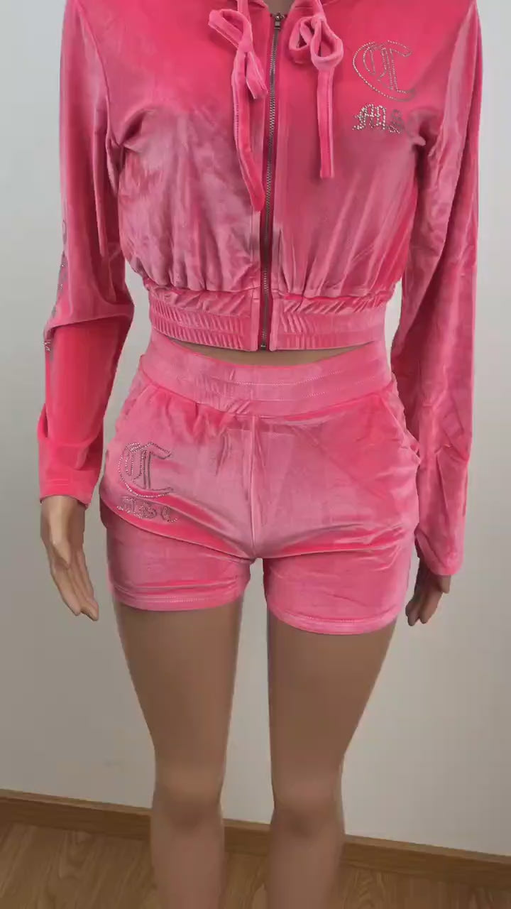 MSC EVE cropped velour zip up track jacket (BEBA DIAMONTE COLLECTION) Flamingo pink