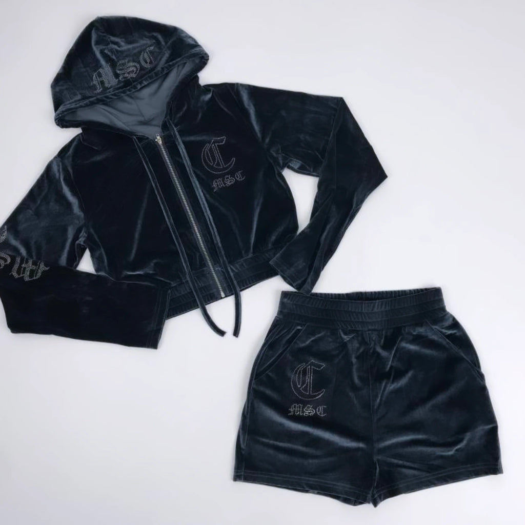 MSC EVE cropped velour zip up track jacket (BEBA DIAMONTE COLLECTION) Gunmetal grey.