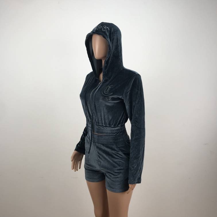 MSC EVE cropped velour zip up track jacket (BEBA DIAMONTE COLLECTION) Gunmetal grey.